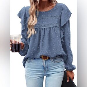 XL - BTFBM Long Sleeve Swiss Dot Blouse, Light Blue